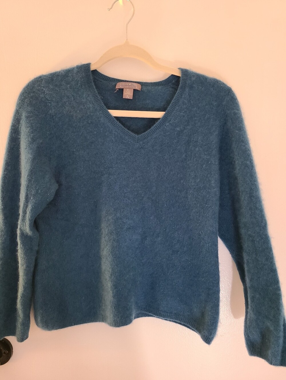 Vtg Y2K Charter Club 100% Cashmere V-Neck Sweater Teal Blue XL 2-Ply Moder-M/L